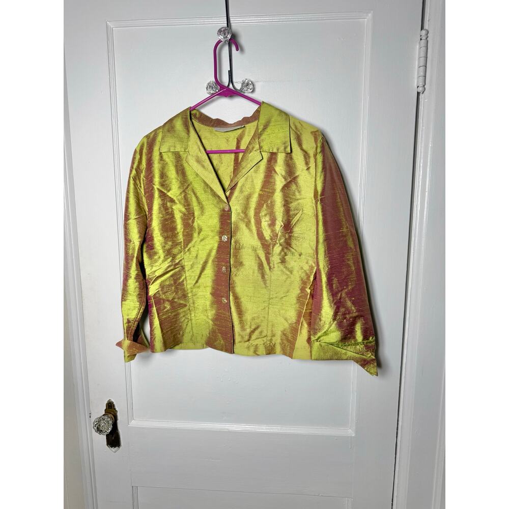 Vintage Y2K Linda Bertozzi Wearable Art Silk Chartreuse Boho Button Top 3 / M